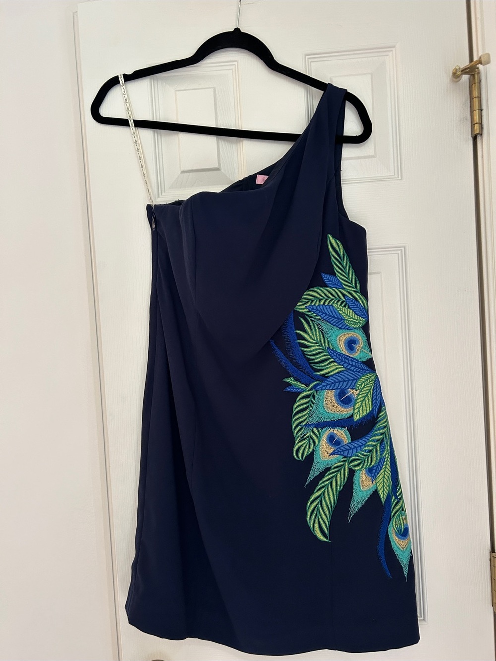 Lilly Pulitzer Navy One-Shoulder Dress with Peacock Embroidery